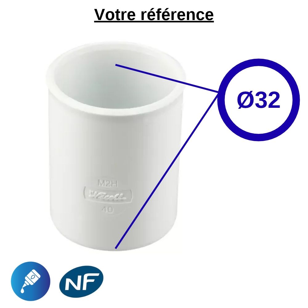 Manchon PVC blanc à coller, Ø32 - double femelle, pour évacuation - Nicoll