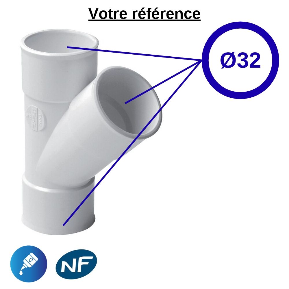 Culotte PVC blanc 45° à coller, Ø32 - triple femelle, pour évacuation - Nicoll