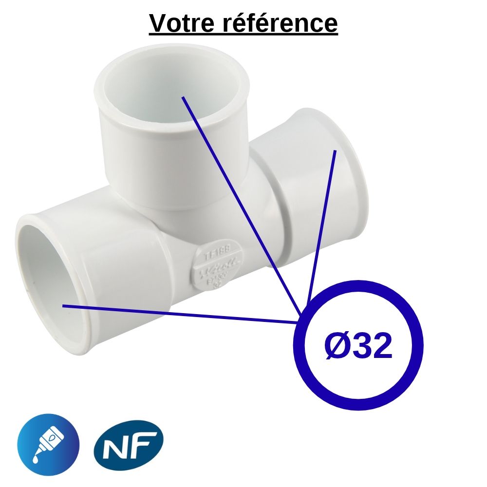 Té pied de biche PVC blanc 87°30 à coller, Ø32 - triple femelle, pour évacuation - Nicoll