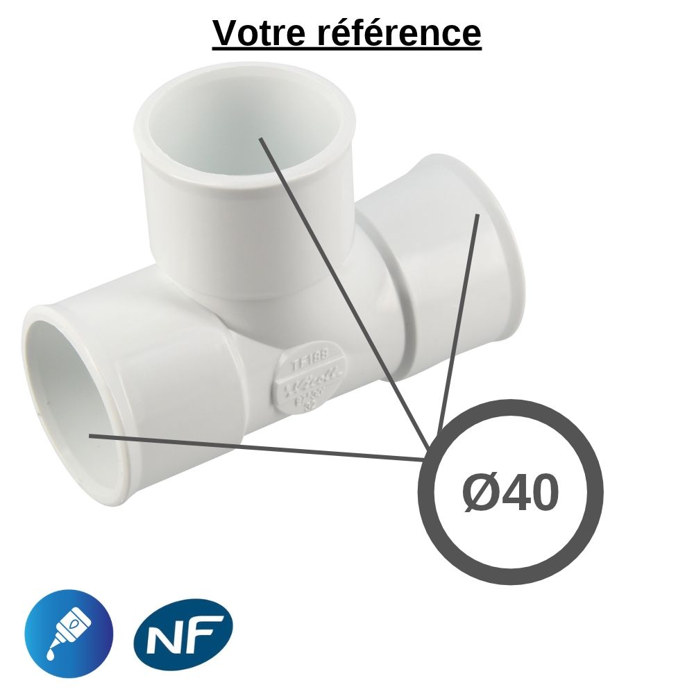 Té pied de biche PVC blanc 87°30 à coller, Ø40 - triple femelle, pour évacuation - Nicoll