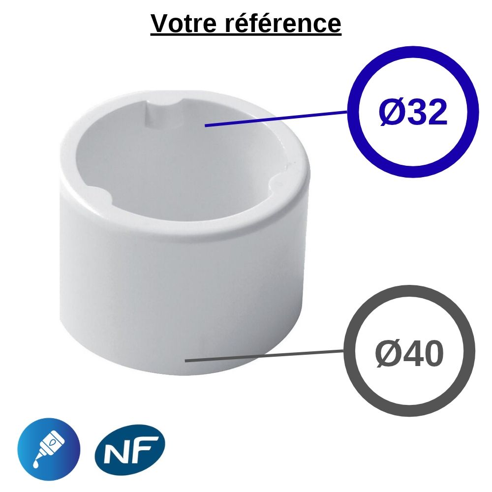 Réduction incorporée PVC blanc à coller, Ø40 - Ø32, pour évacuation - Nicoll