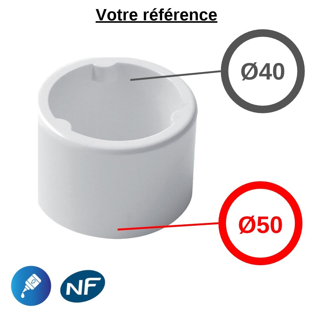 Réduction incorporée PVC blanc à coller, Ø50 - Ø40, pour évacuation - Nicoll