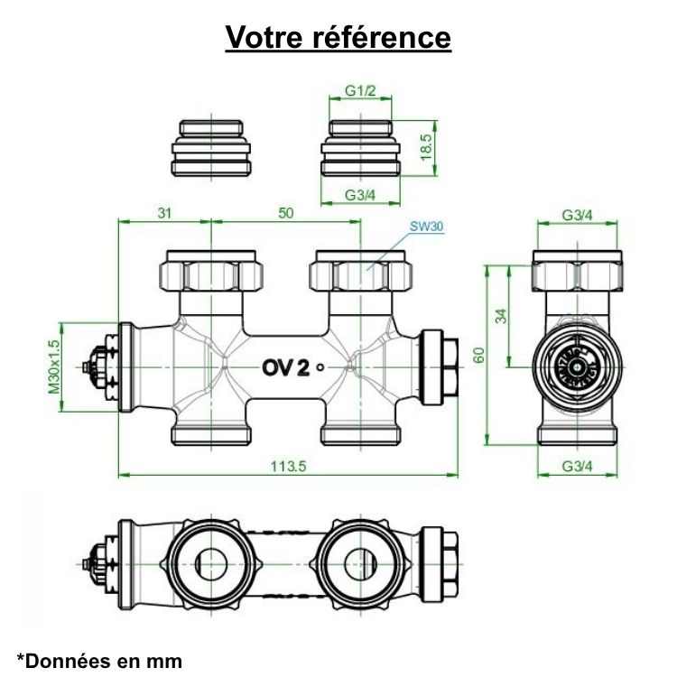 Raccord Multiblock T bitube droit mâle 3/4'' (20/27) - mâle 1/2'' (15/21) - Oventrop