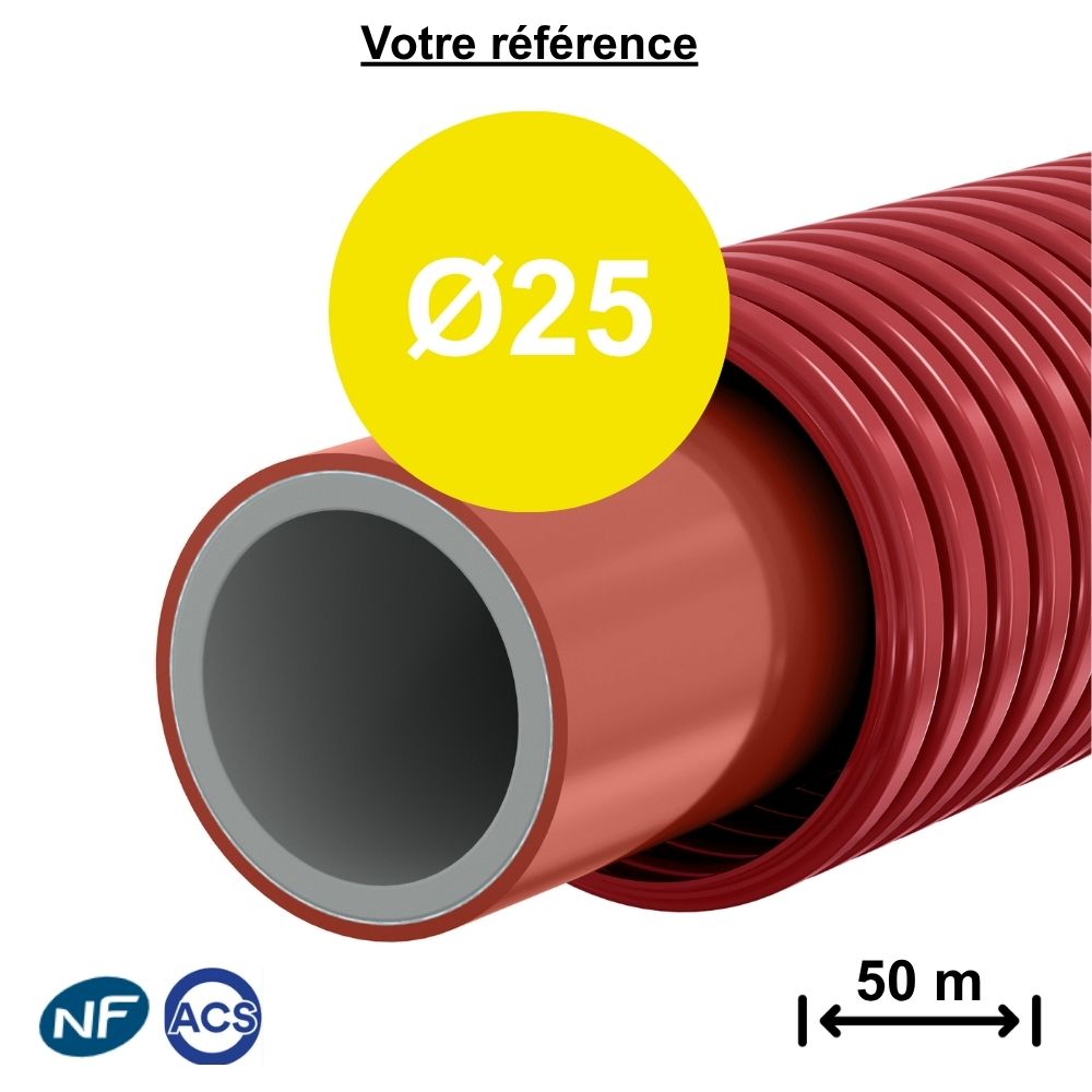 Tube PER gainé rouge Ø25 - longueur 50 m - Comap