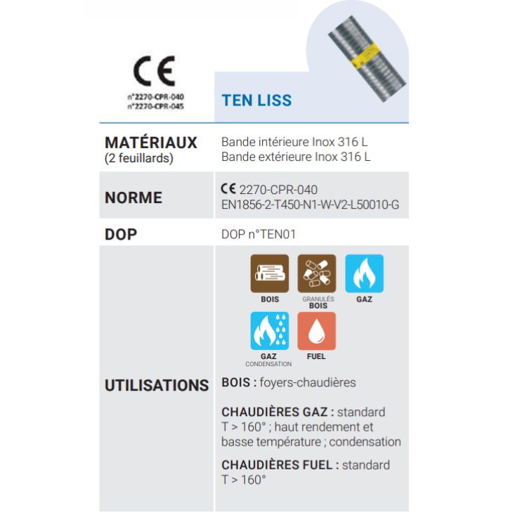 Tuyau flexible inox double paroi - Ø125x131, 10m - TEN LISS