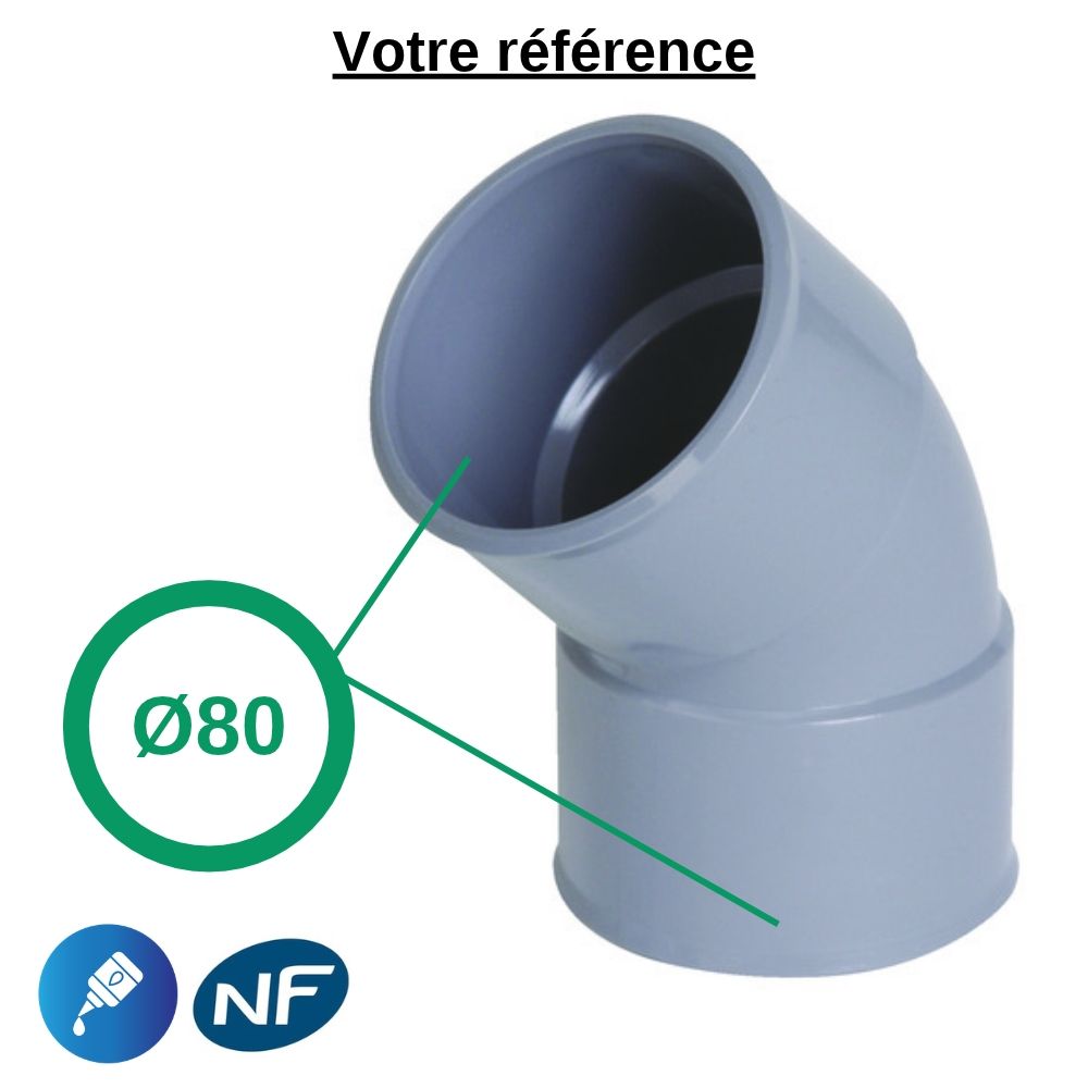 Coude PVC 45° à coller, Ø80 - double femelle, pour évacuation - Nicoll