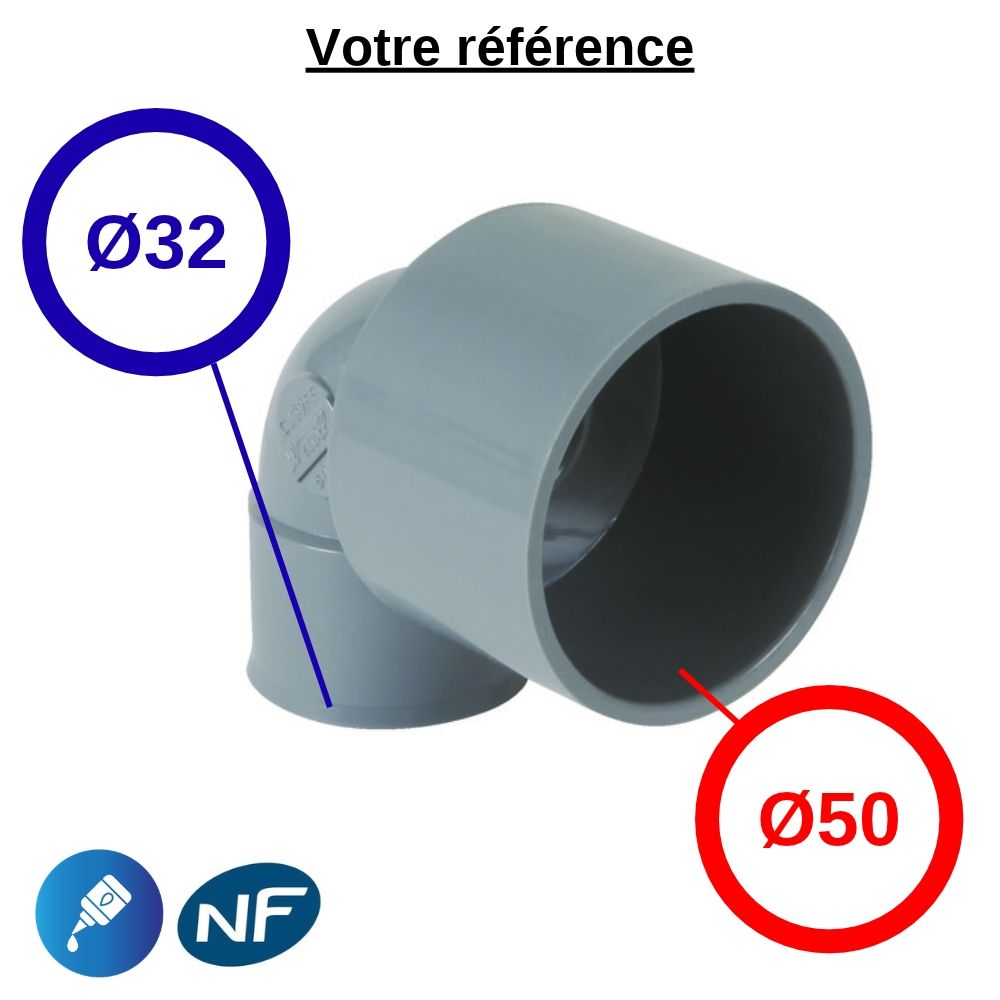 Coude PVC réduit 90° à coller, Ø50-Ø32 - double femelle, pour évacuation - Système J, Nicoll