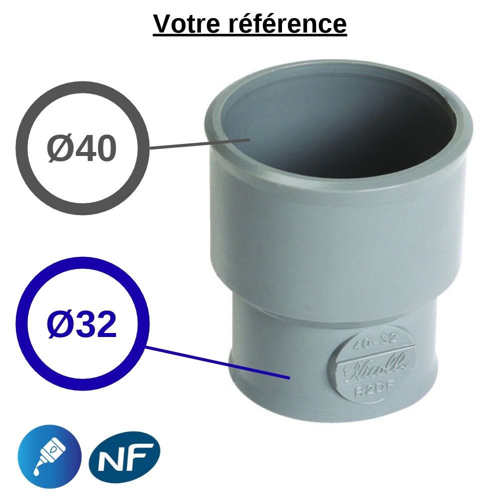 Manchon de réduction PVC à coller, Ø40-Ø32 - double femelle, pour évacuation - Nicoll