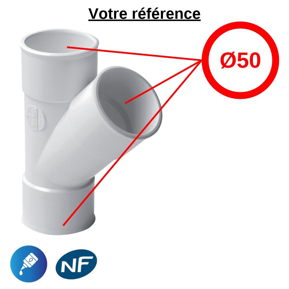 Culotte PVC blanc 45° à coller, Ø50 - triple femelle, pour évacuation - Nicoll