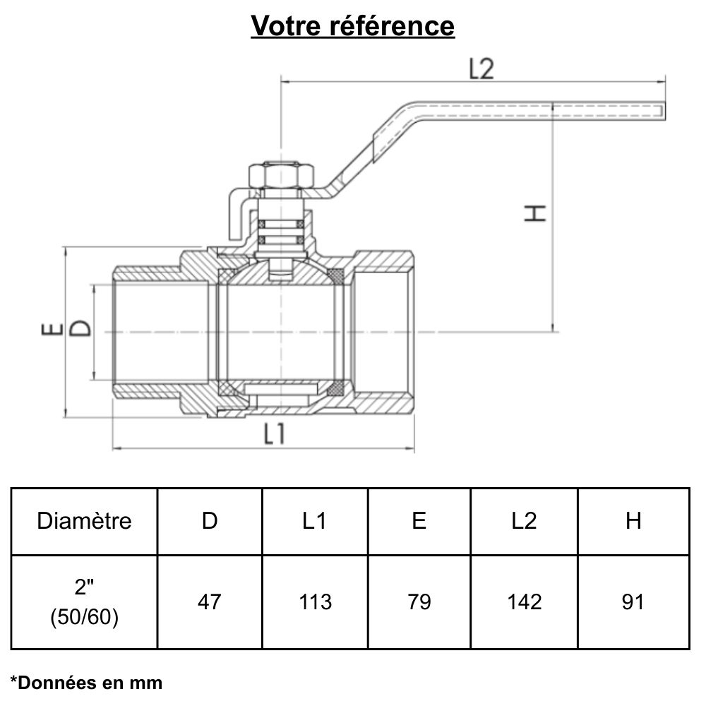 Vanne d'arrêt à visser, 1/4 de tour, mâle-femelle 2'' (50/60) - Ezfitt