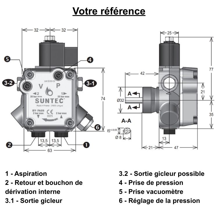 Pompe fioul Suntec AUV 47L rotation gauche avec électrovanne