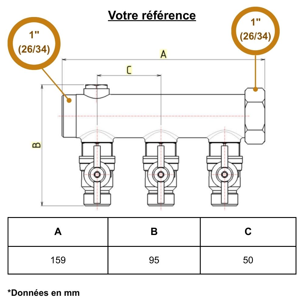 Collecteur mâle-femelle 1'' (26/34), 3 départs mâle 1/2'' (15/21), pour sanitaire - Riquier