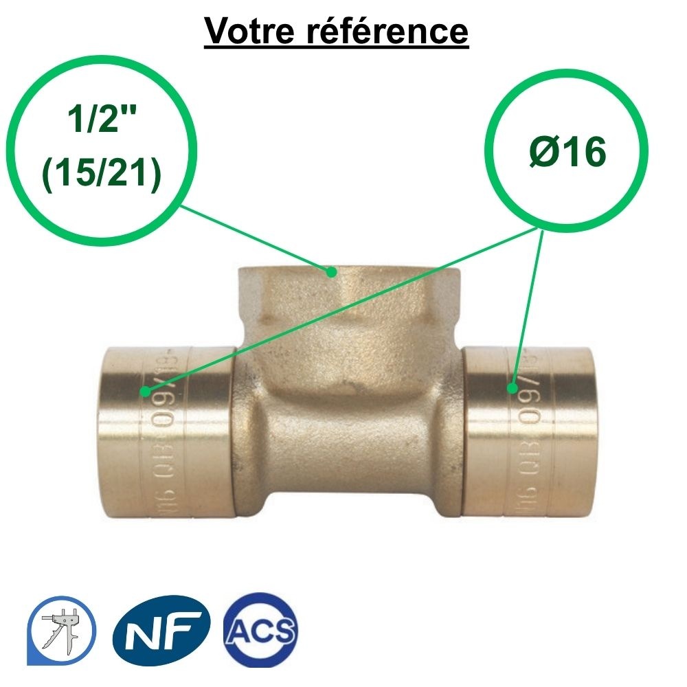 Té PER à glissement Ø16 et centre femelle 1/2'' (15/21) - Somatherm