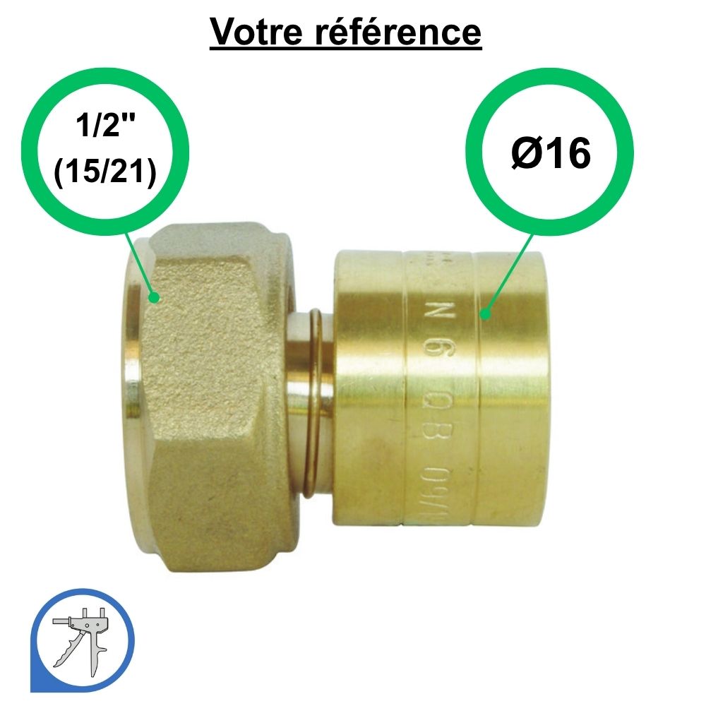 Raccord PER droit à glissement Ø16 - écrou tournant femelle 1/2'' (15/21) - Somatherm