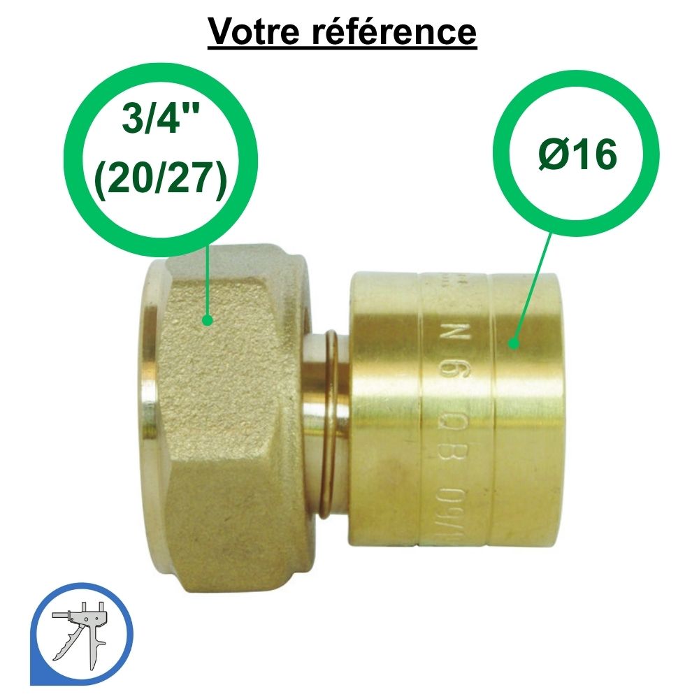 Raccord PER droit à glissement Ø16 - écrou tournant femelle 3/4'' (20/27) - Somatherm