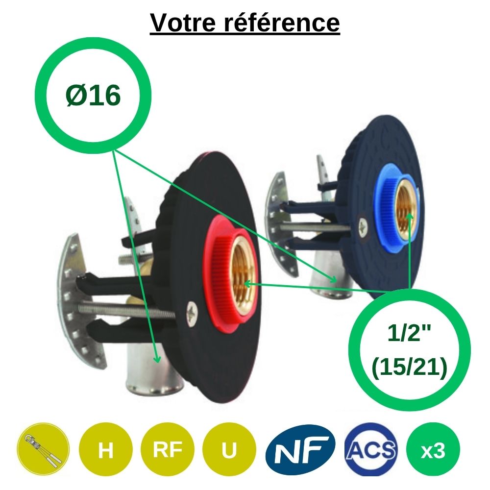 Lot de 3 sorties de cloison double Fixoplac coudé PER à sertir Ø16 - femelle 1/2'' (15/21) pour bain-douche - Somatherm