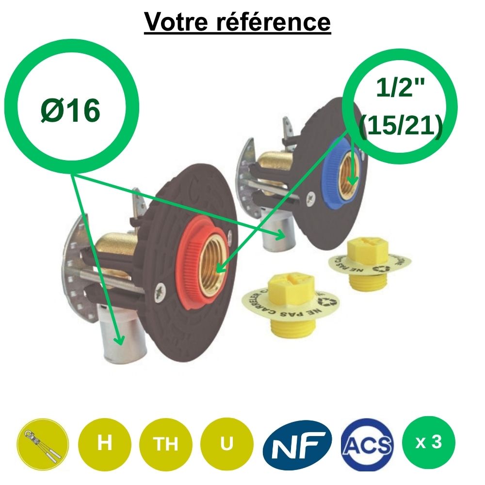 Lot de 3 sorties de cloison double Fixoplac coudé multicouche à sertir Ø16 - femelle 1/2'' (15/21) pour bain-douche - Somatherm