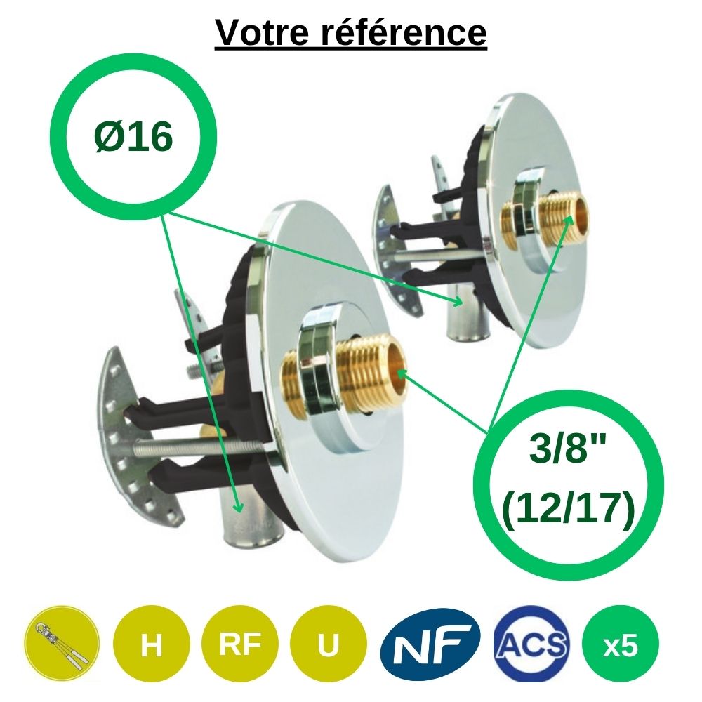 Lot de 5 sorties de cloison double Fixoplac coudé PER à sertir Ø16 - mâle 3/8'' (12/17) pour lavabo-sous évier