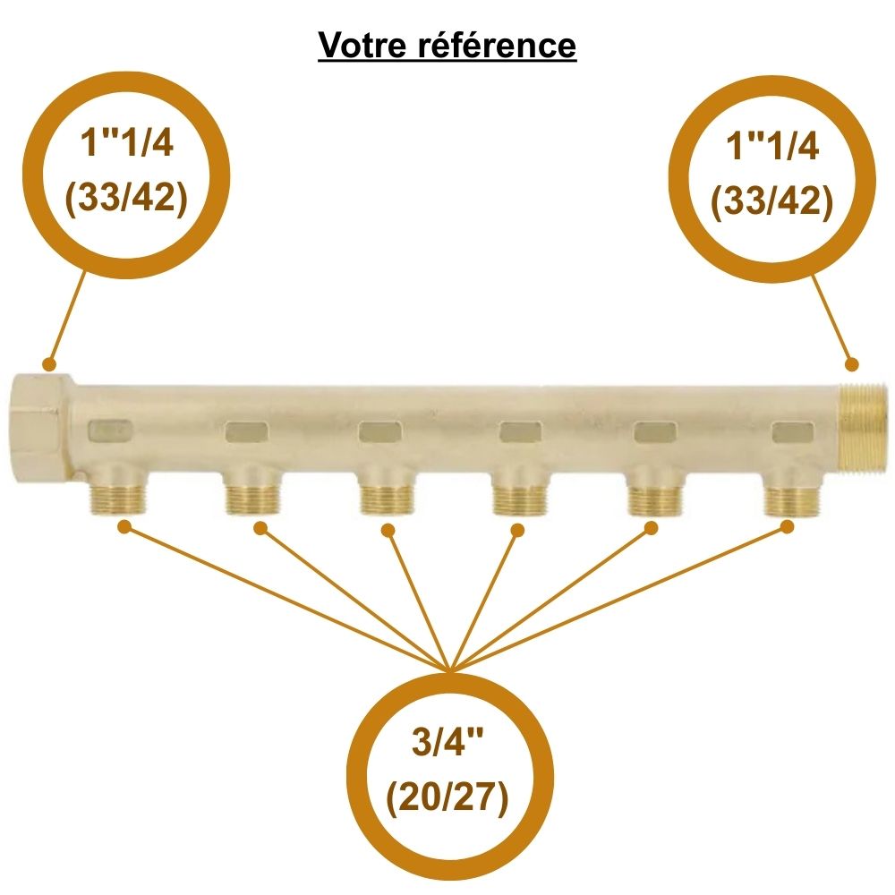 Collecteur mâle-femelle 1''1/4 (33/42), 6 départs 3/4'' (20/27), pour sanitaire