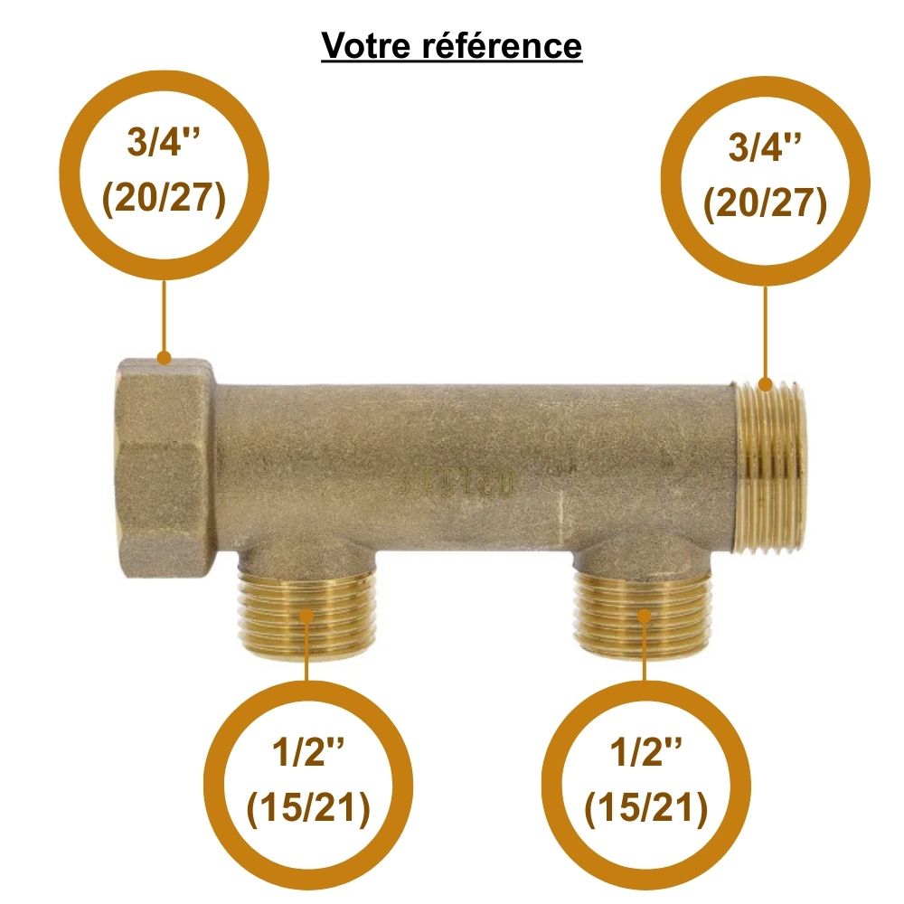 Collecteur mâle-femelle 3/4'' (20/27), 2 départs mâle 1/2'' (15/21), pour sanitaire