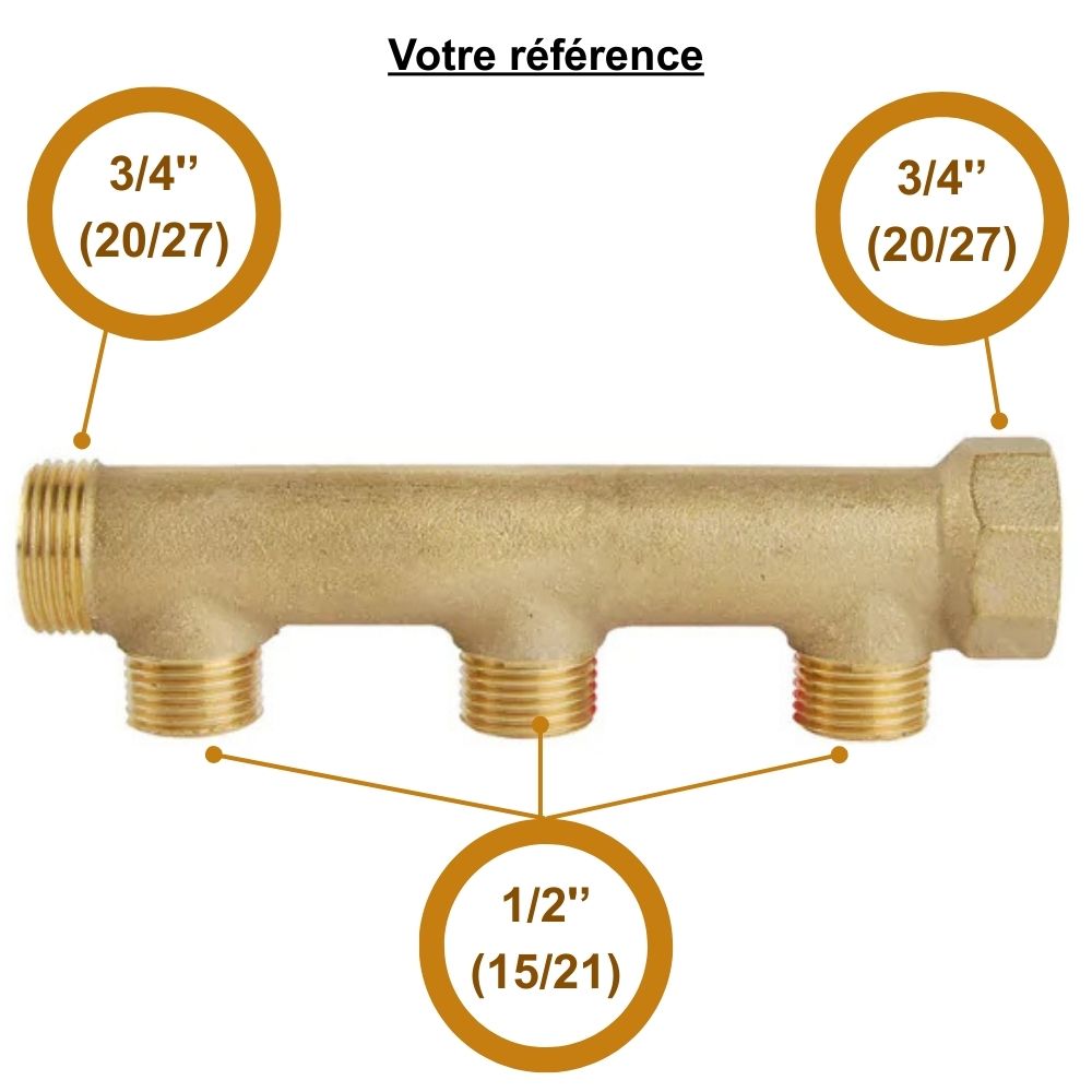 Collecteur mâle-femelle 3/4'' (20/27), 3 départs mâle 1/2'' (15/21), pour sanitaire