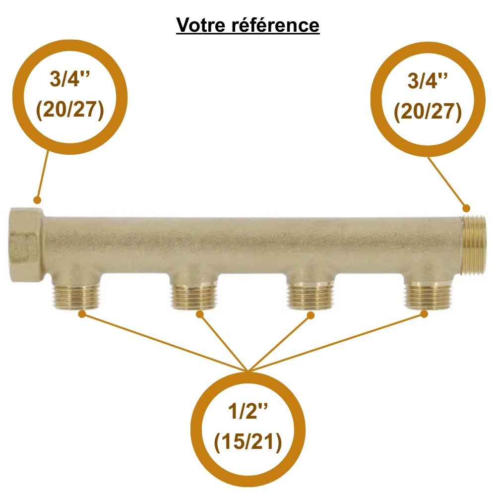 Collecteur mâle-femelle 3/4'' (20/27), 4 départs mâle 1/2'' (15/21), pour sanitaire