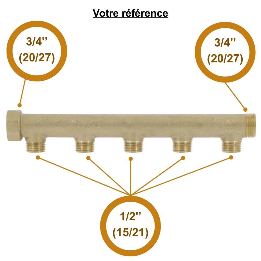 Collecteur mâle-femelle 3/4'' (20/27), 5 départs mâle 1/2'' (15/21), pour sanitaire