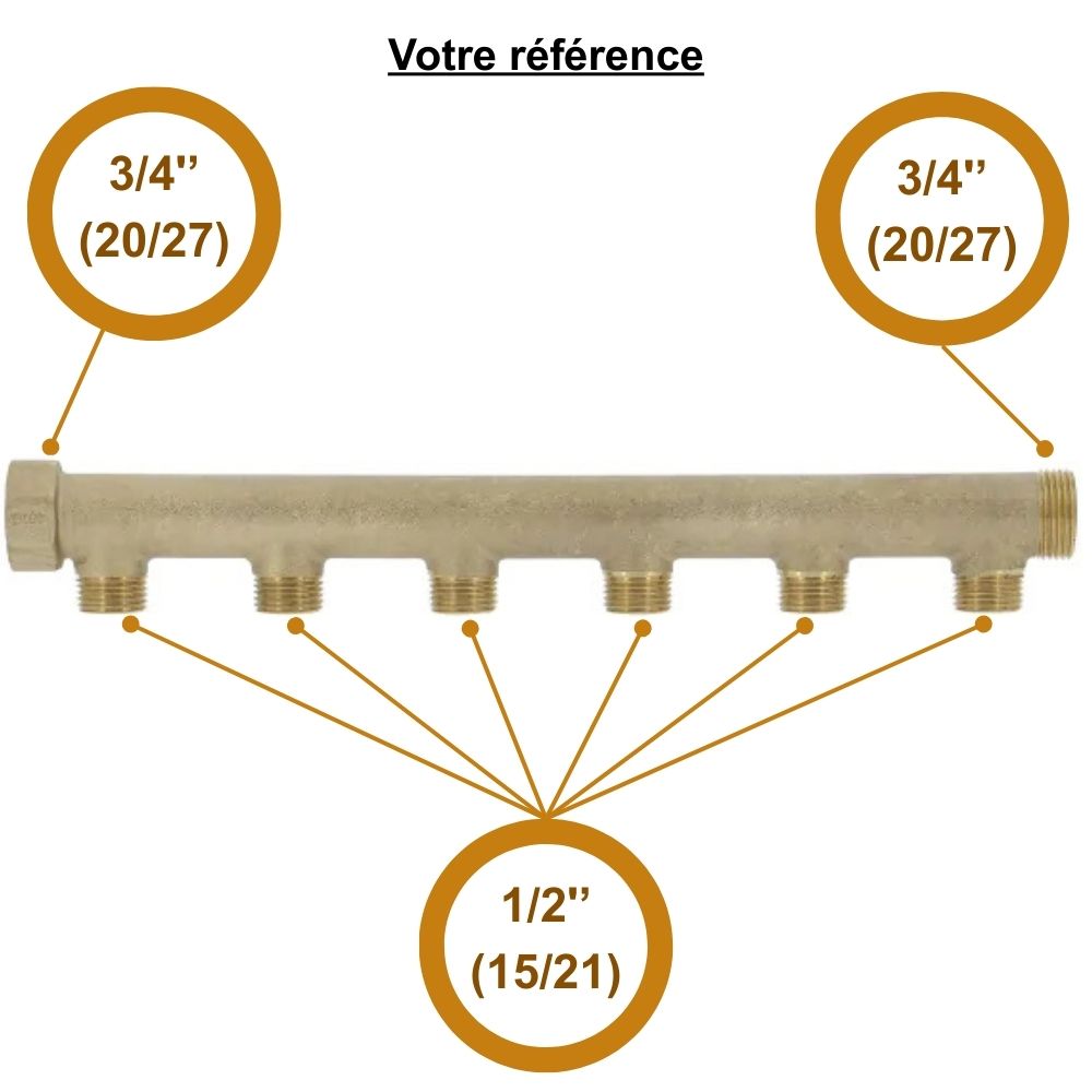 Collecteur mâle-femelle 3/4'' (20/27), 6 départs mâle 1/2'' (15/21), pour sanitaire