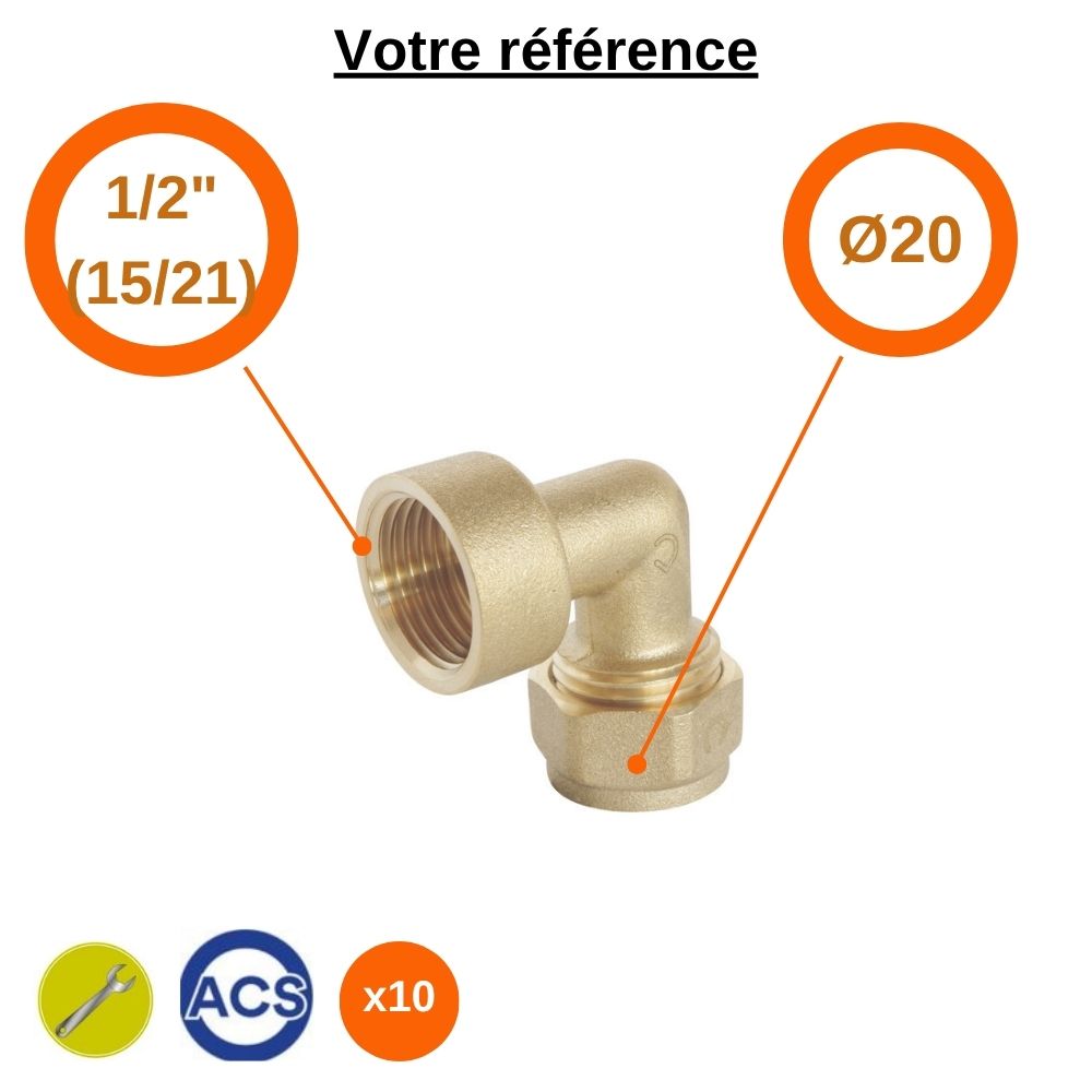 Lot de 10 coudes femelles PER à compression Ø20 - femelle 1/2'' (15/21) - Somatherm
