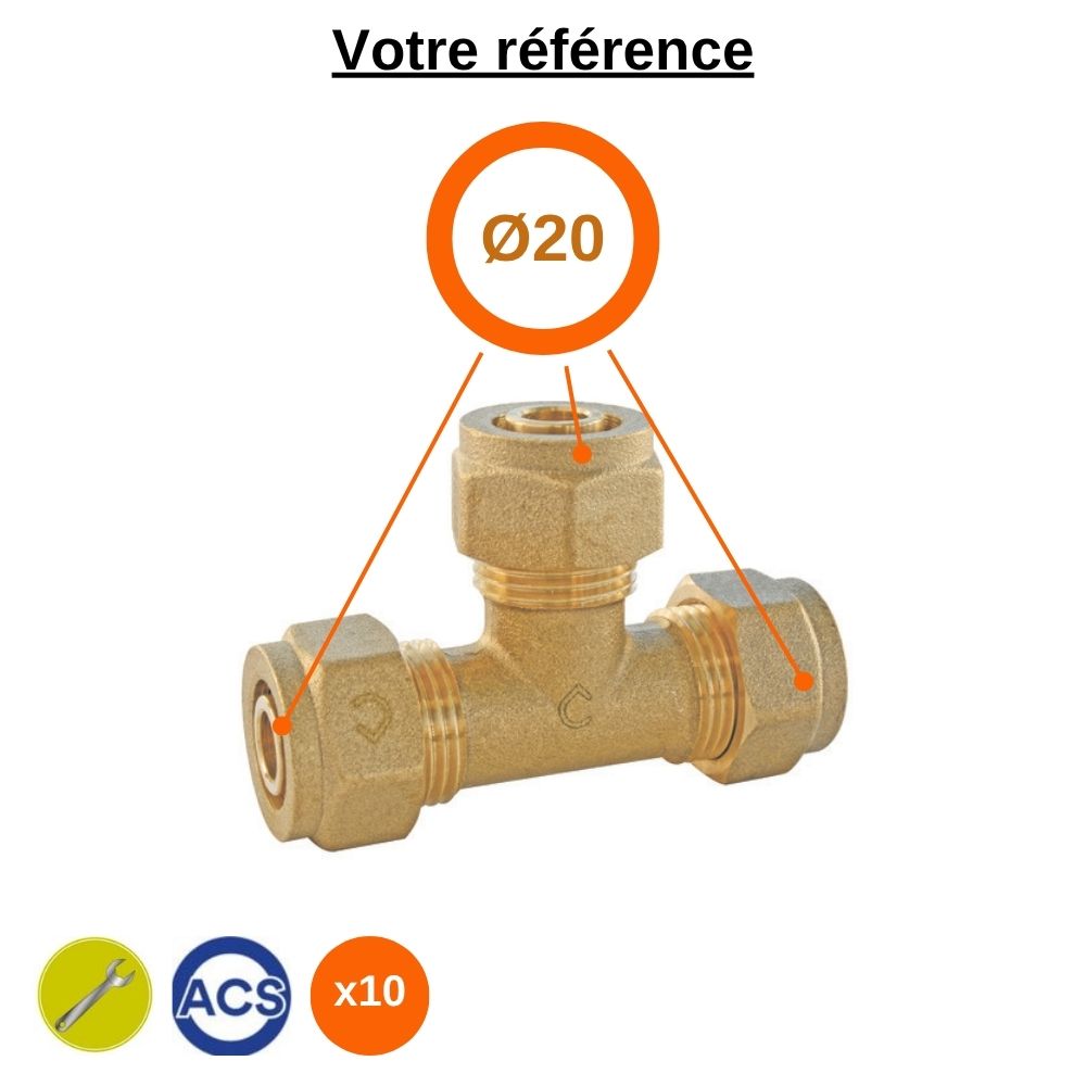 Lot de 10 tés égaux PER à compression Ø20 - Somatherm