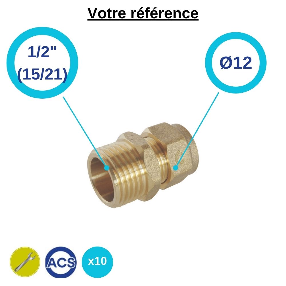 Lot de 10 raccords PER droits à compression Ø12 - mâle 1/2'' (15/21) - Somatherm