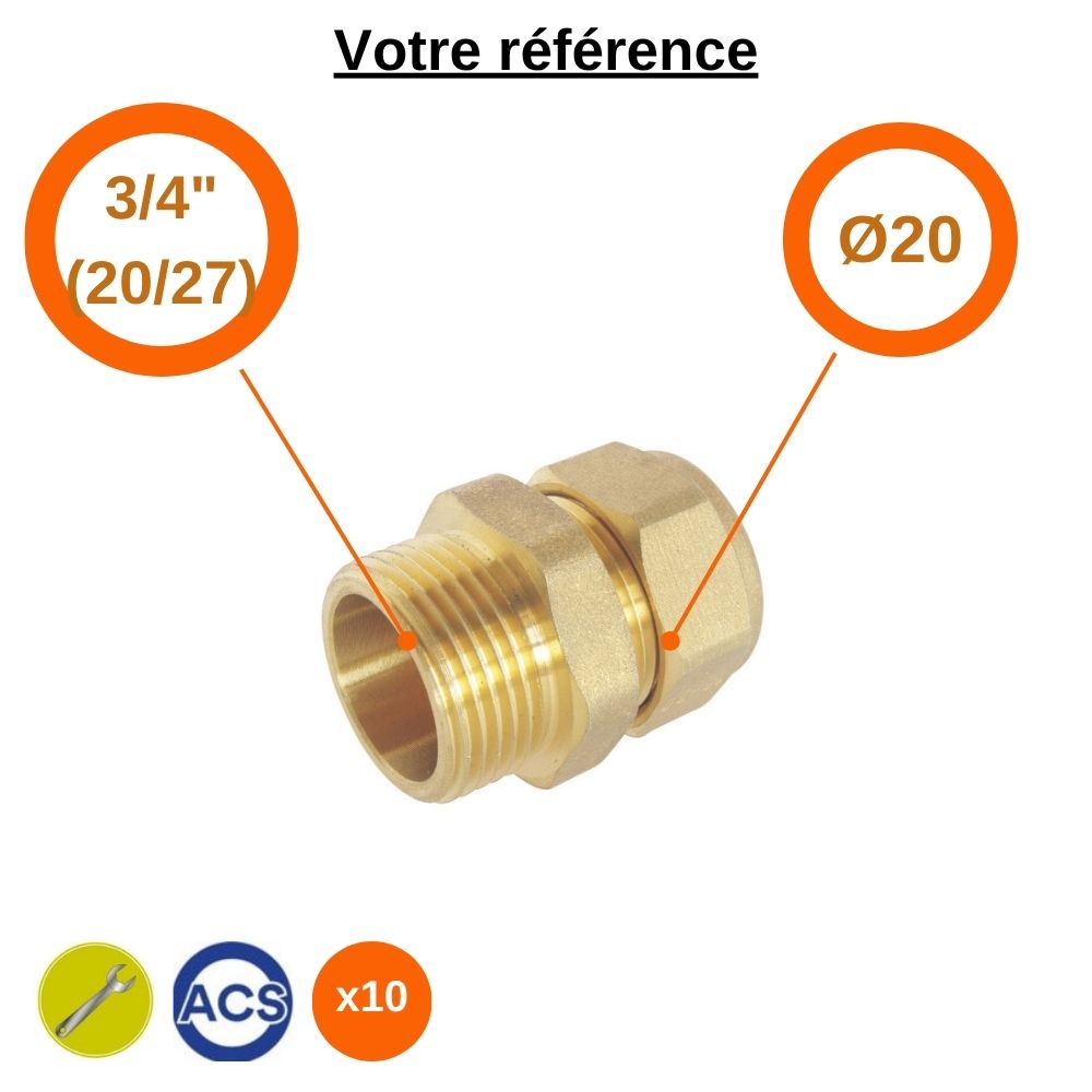 Lot de 10 raccords PER droits à compression Ø20 - mâle 3/4'' (20/27) - Somatherm