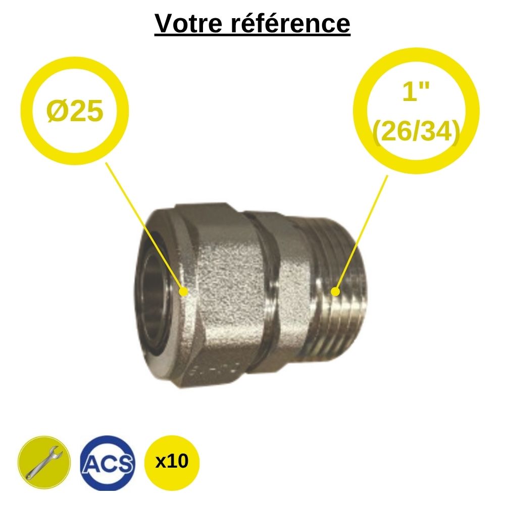 Lot de 10 raccords PER droits à compression Ø25 - mâle 1'' (26/34) - Somatherm