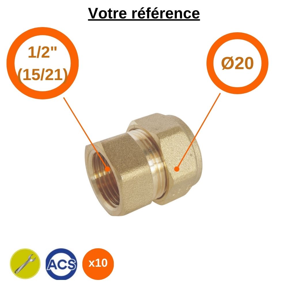 Lot de 10 raccords PER droits à compression Ø20 - femelle 1/2'' (15/21) - Somatherm
