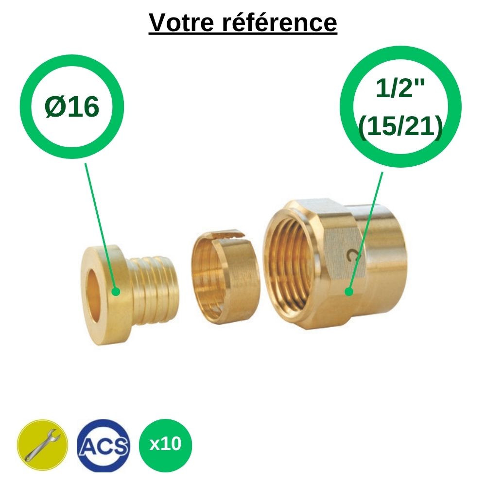 Lot de 10 raccords PER droits à compression Ø16 - écrou tournant femelle 1/2'' (15/21) - Somatherm