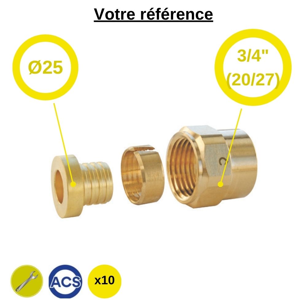 Lot de 10 raccords PER droits à compression Ø25 - écrou tournant femelle 3/4'' (20/27) - Somatherm