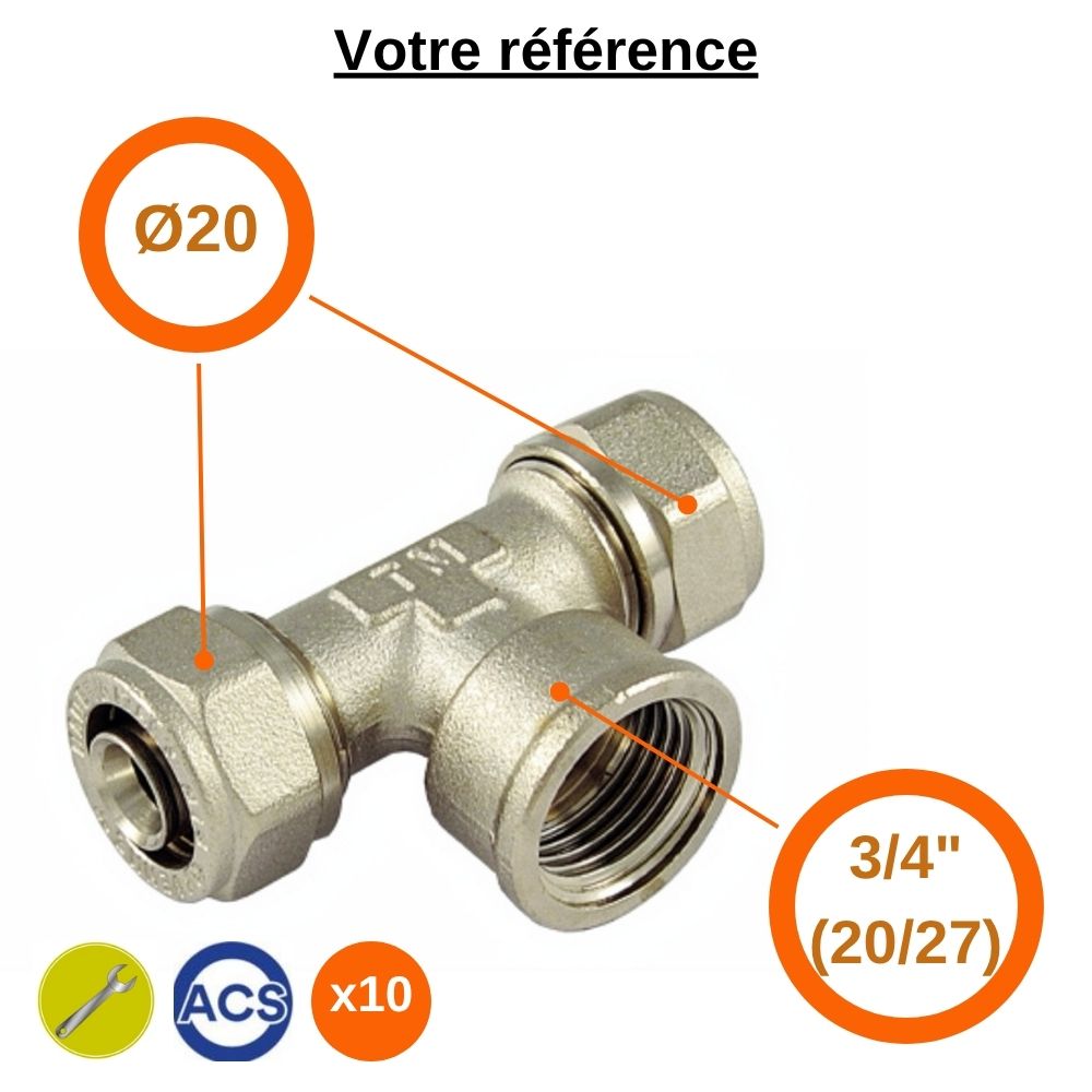Lot de 10 tés multicouche à compression Ø20 et centre femelle 3/4'' (20/27) - Tiemme