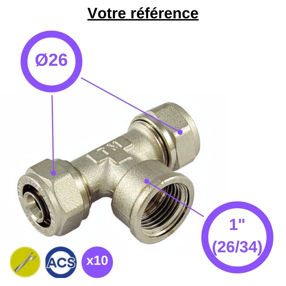 Lot de 10 tés multicouche à compression Ø26 et centre femelle 1'' (26/34) - Tiemme