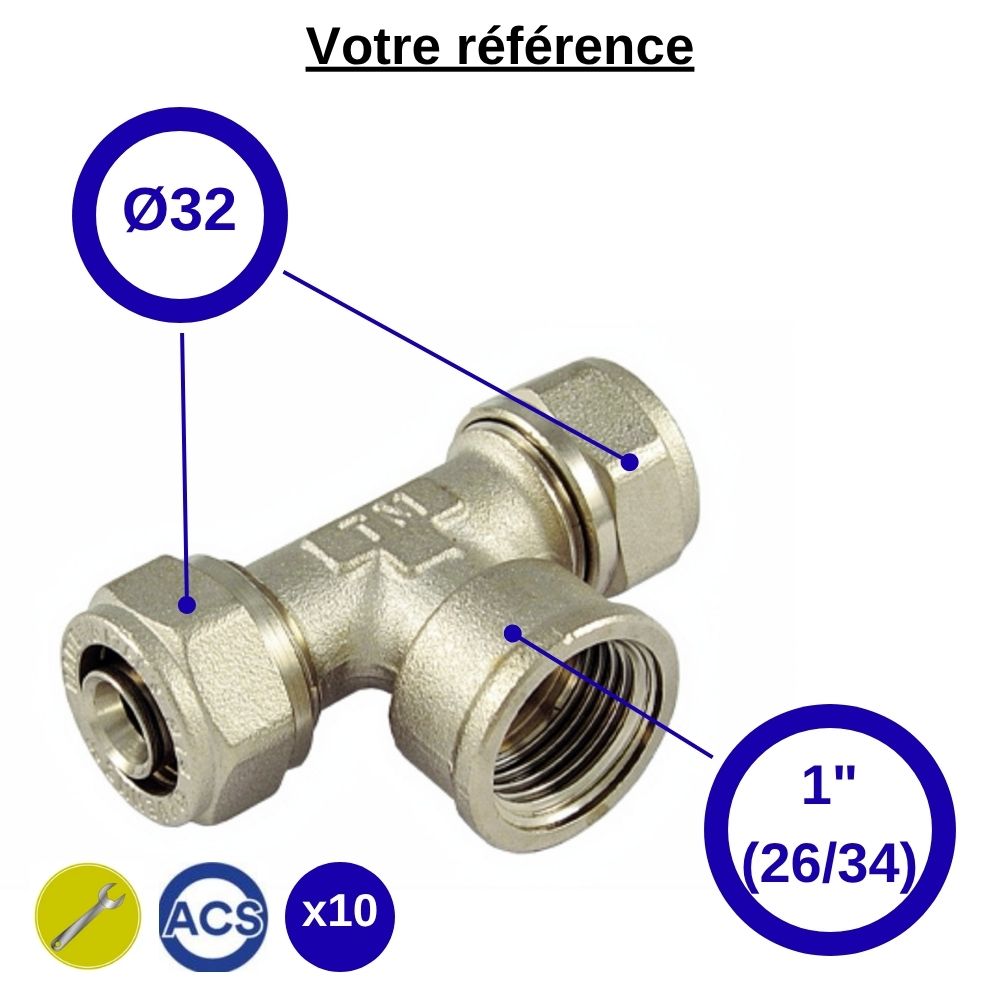 Lot de 10 tés multicouche à compression Ø32 et centre femelle 1'' (26/34) - Tiemme