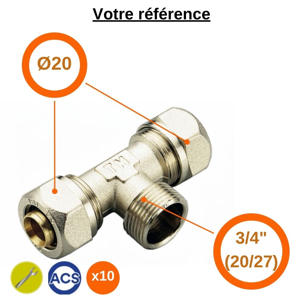 Lot de 10 tés multicouche à compression Ø20 et centre mâle 3/4'' (20/27) - Tiemme