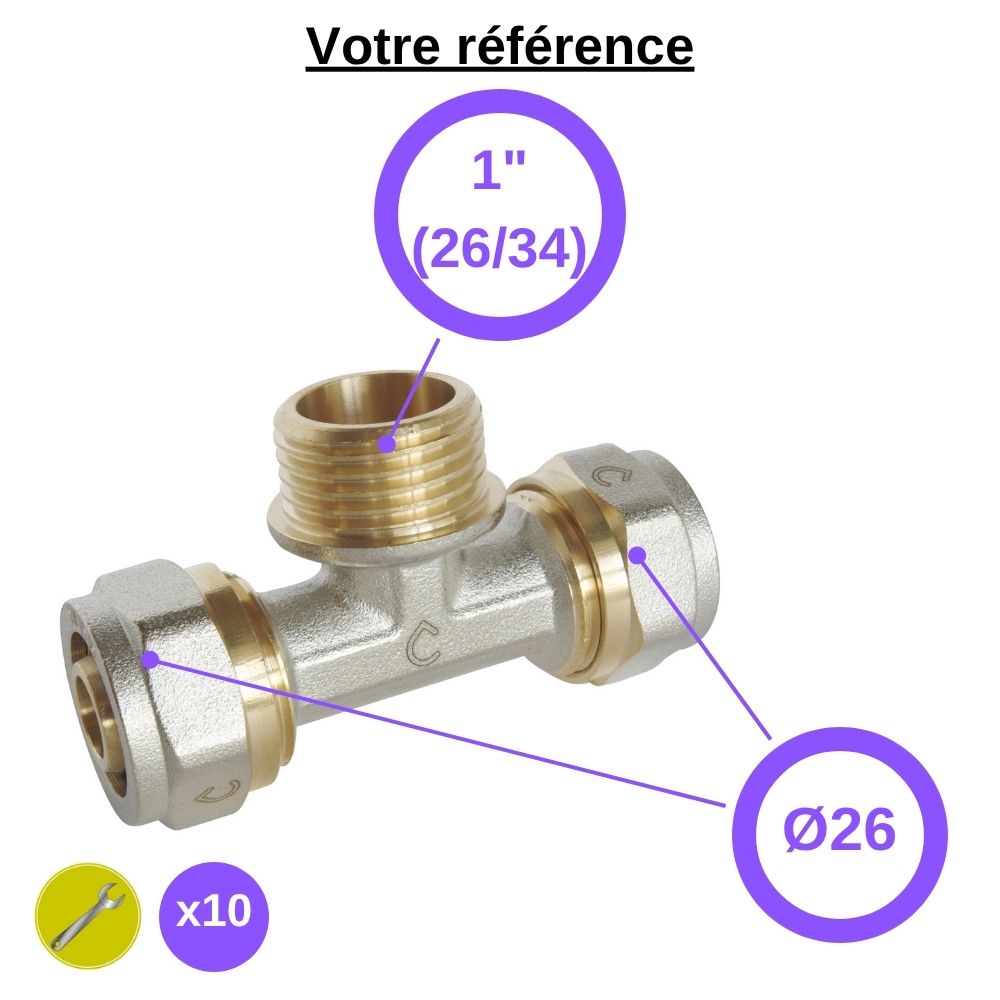 Lot de 10 tés multicouche à compression Ø26 et centre mâle 1'' (26/34) - Tiemme