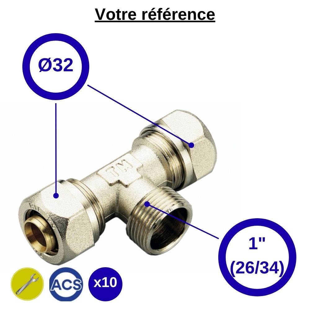 Lot de 10 tés multicouche à compression Ø32 et centre mâle 1'' (26/34) - Tiemme
