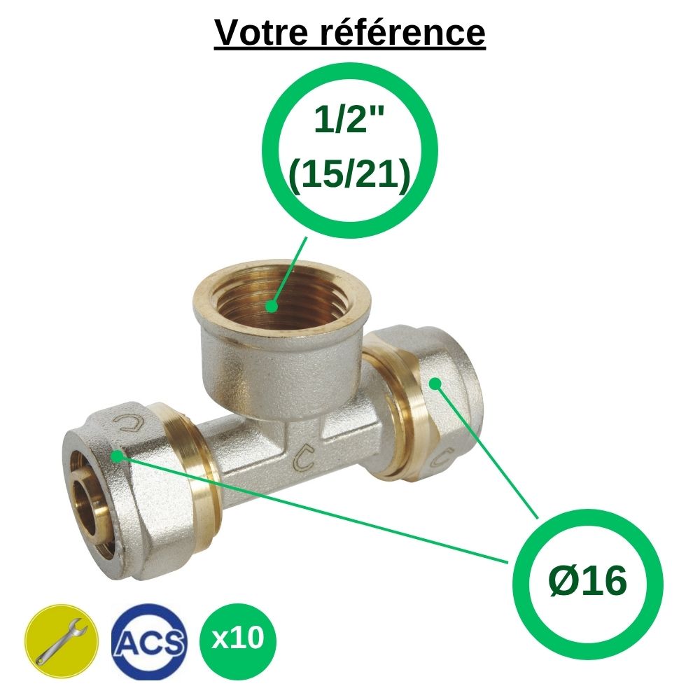 Lot de 10 tés multicouche à compression Ø16 et centre femelle 1/2'' (15/21) - Somatherm