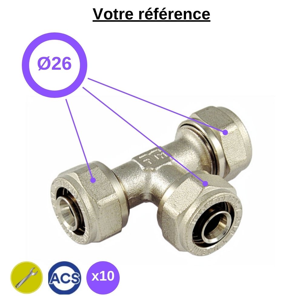 Lot de 10 tés multicouche à compression Ø26 - Tiemme