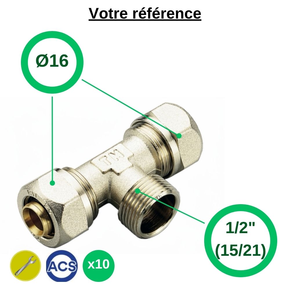 Lot de 10 tés multicouche à compression Ø16 et centre mâle 1/2'' (15/21) - Tiemme