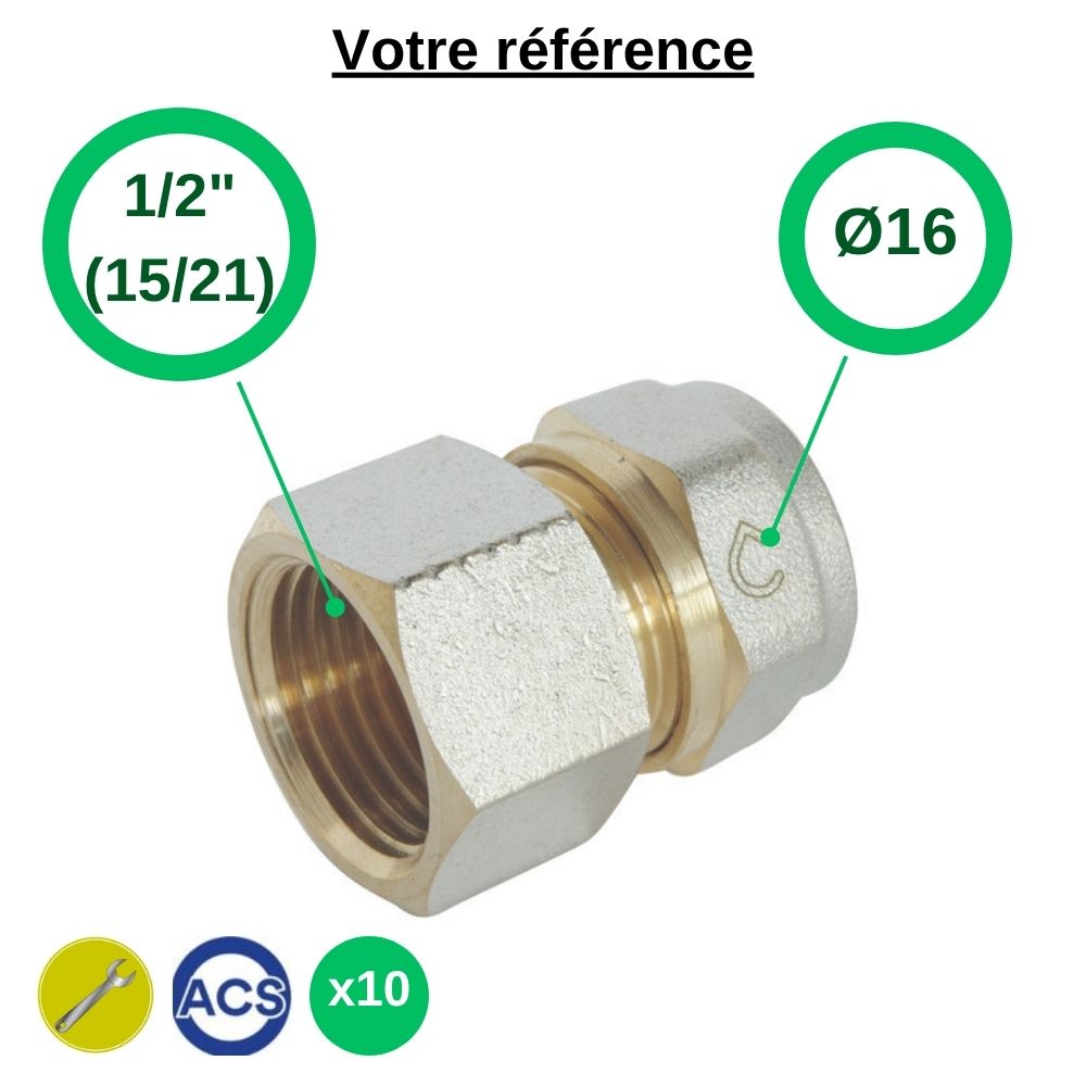 Lot de 10 raccords multicouche droits à compression Ø16 - femelle 1/2'' (15/21) - Somatherm