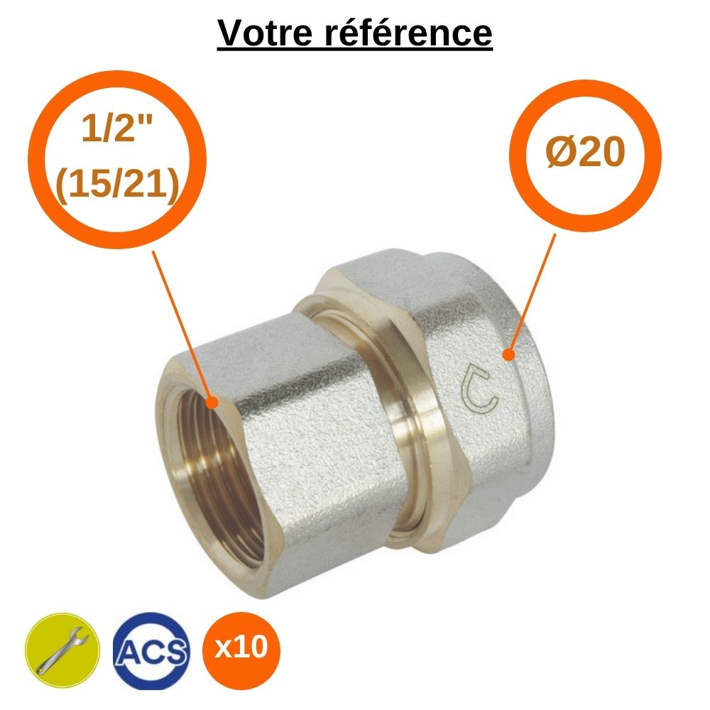 Lot de 10 raccords multicouche droits à compression Ø20 - femelle 1/2'' (15/21) - Somatherm