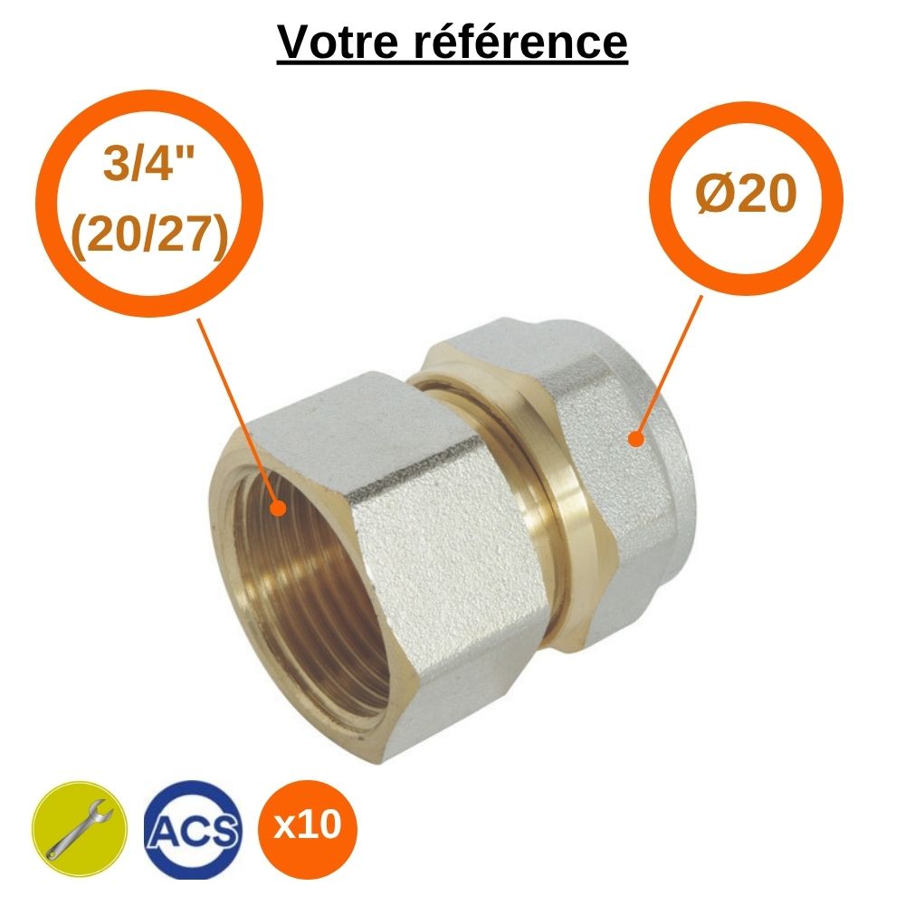 Lot de 10 raccords multicouche droits à compression Ø20 - femelle 3/4'' (20/27) - Somatherm