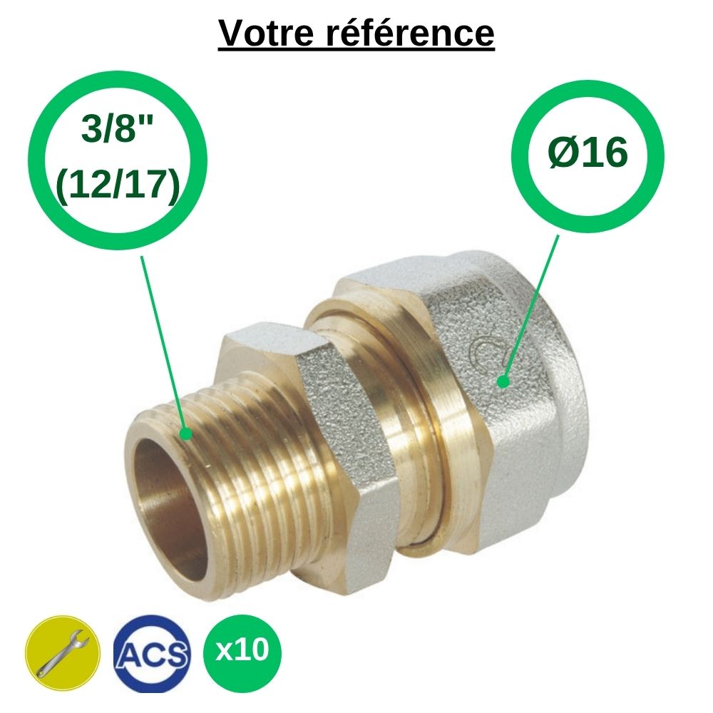 Lot de 10 raccords multicouche droits à compression Ø16 - mâle 3/8'' (12/17) - Somatherm