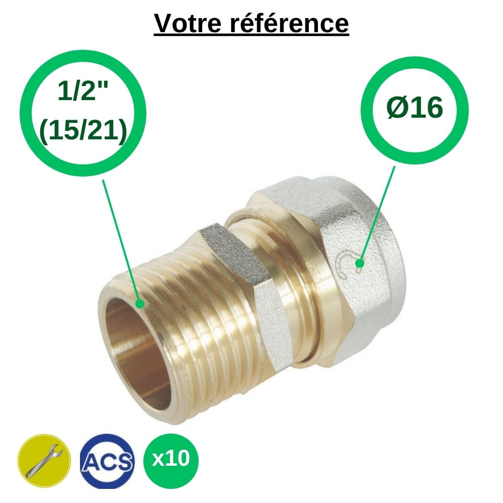 Lot de 10 raccords multicouche droits à compression Ø16 - mâle 1/2'' (15/21) - Somatherm